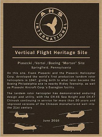 AHS Vertical Flight Heritage Site Plaque for Morton, PA