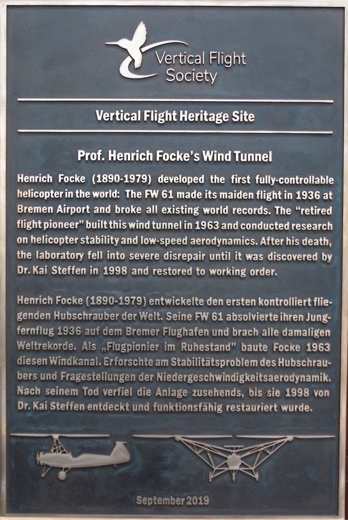 Heritage Site Focke's Wind Tunnel - Bronze Plate