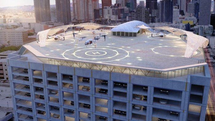 PS&S Architectural design for a parking garage rooftop vertiport