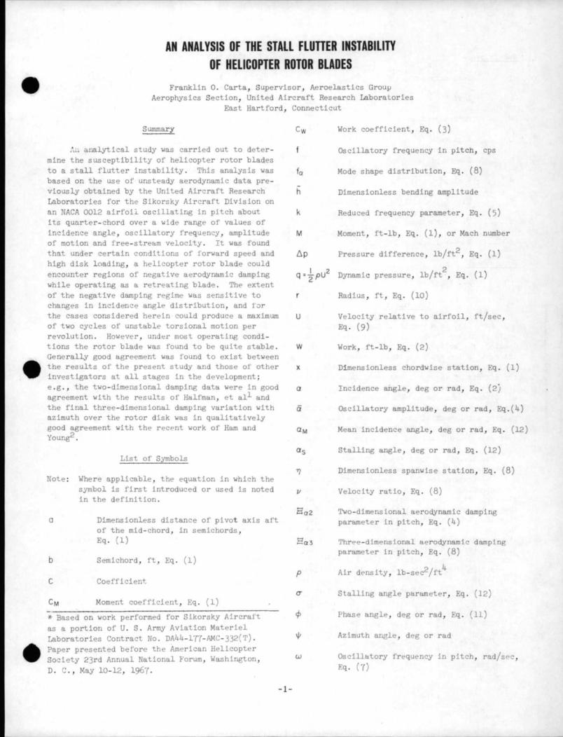 An Analysis of the Stall Flutter Instability of Helicopter Rotor Blades ...