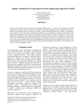Quality Attributes of a Value Based Systems Engineering Approach to PHM ...